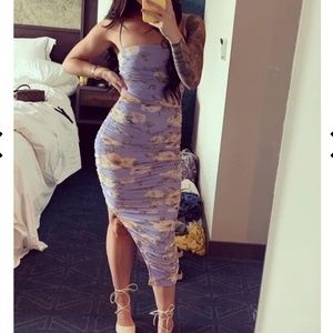 Stun and Only Purple Floral Print Ruched Mesh Bodycon Midi Dress